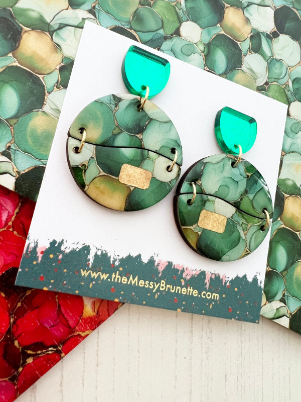 Alcohol Ink Earrings in Green and Red Inks
