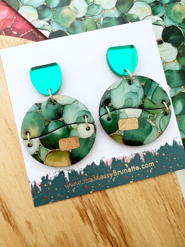 Alcohol Ink Earrings in Green and Red Inks