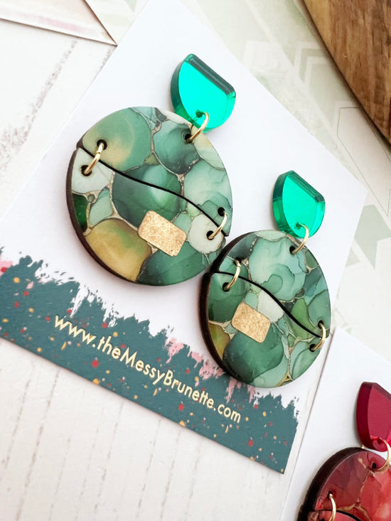 Alcohol Ink Earrings in Green and Red Inks