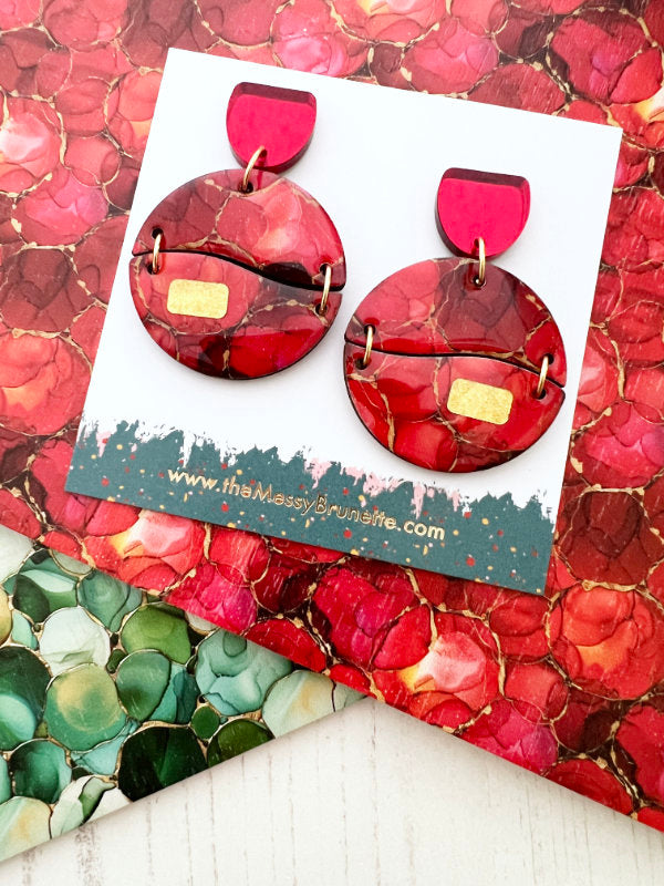 Alcohol Ink Earrings in Green and Red Inks