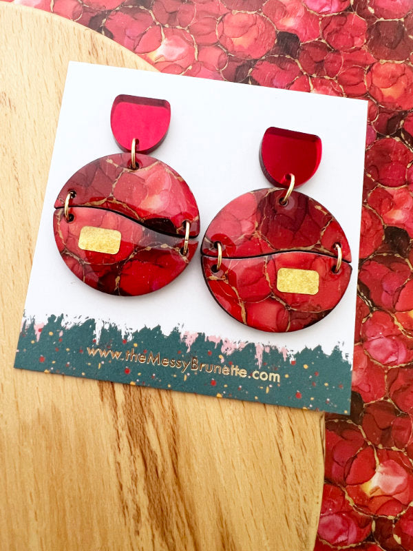 Alcohol Ink Earrings in Green and Red Inks