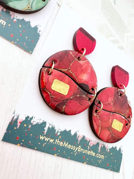 Alcohol Ink Earrings in Green and Red Inks