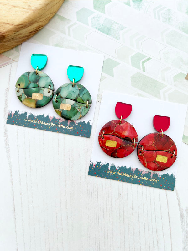 Alcohol Ink Earrings in Green and Red Inks