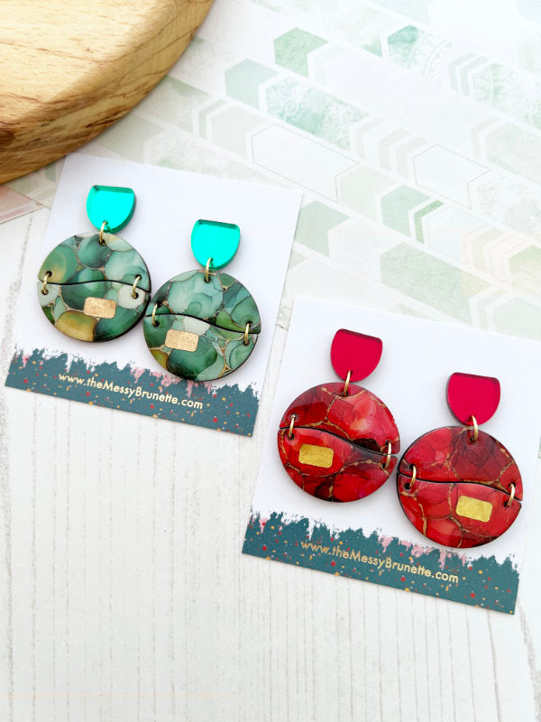 Alcohol Ink Earrings in Green and Red Inks