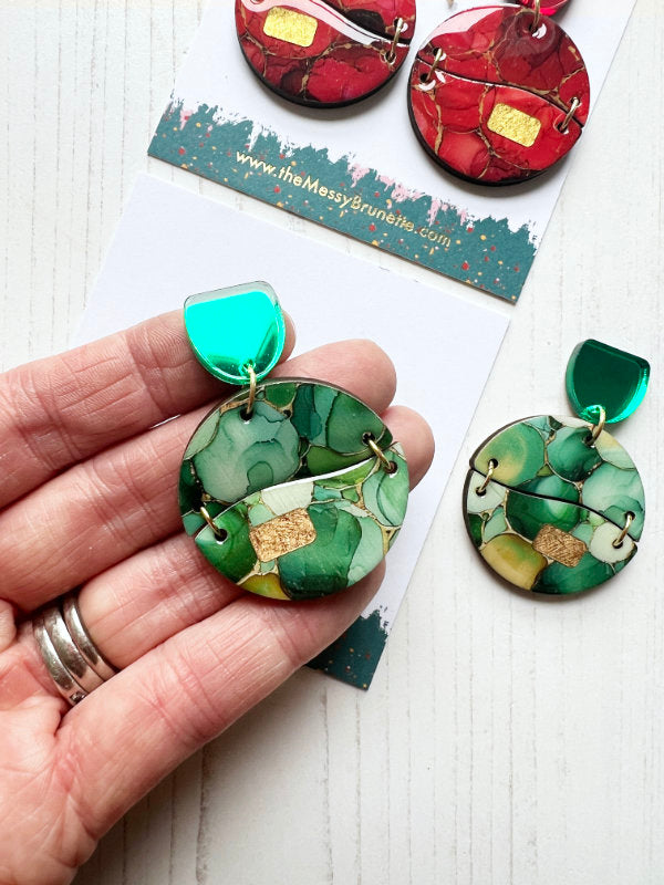Alcohol Ink Earrings in Green and Red Inks