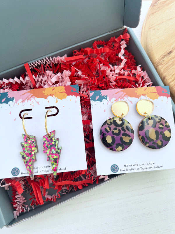 Earring Gift Set | Leopard Print Discs and Lightening Bolt Hoop Earrings