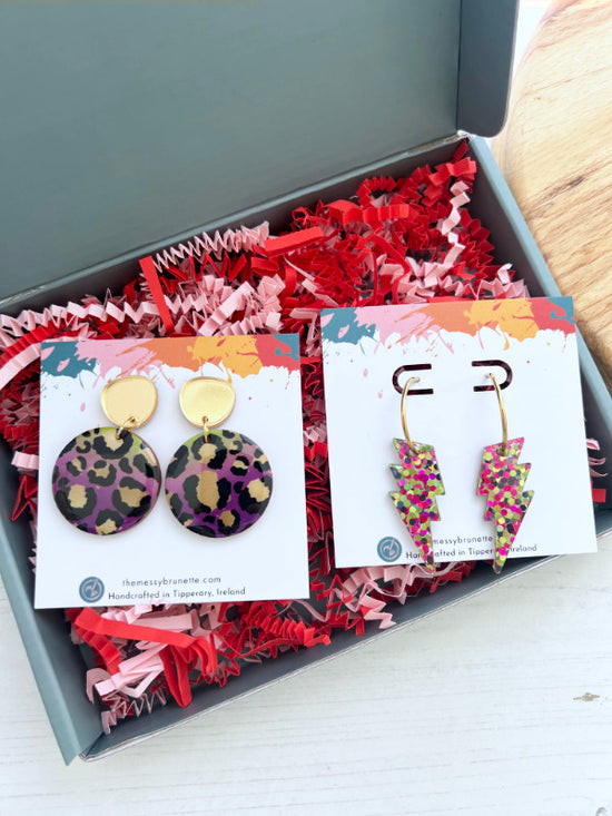 Earring Gift Set | Leopard Print Discs and Lightening Bolt Hoop Earrings