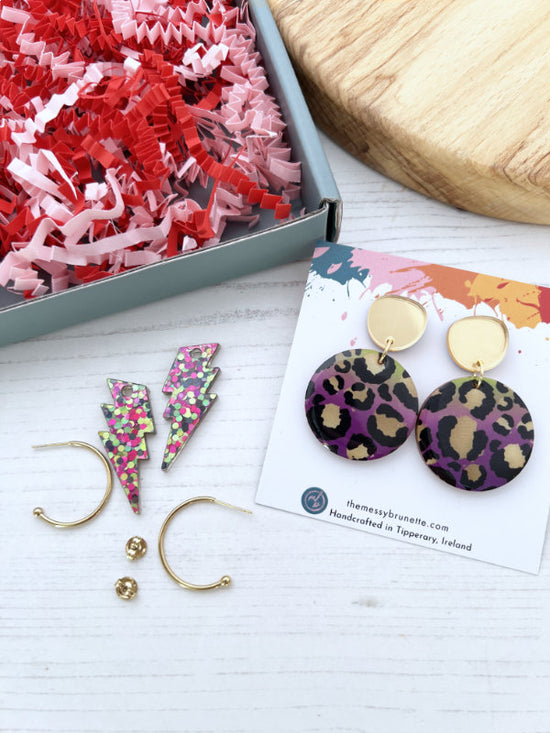 Earring Gift Set | Leopard Print Discs and Lightening Bolt Hoop Earrings