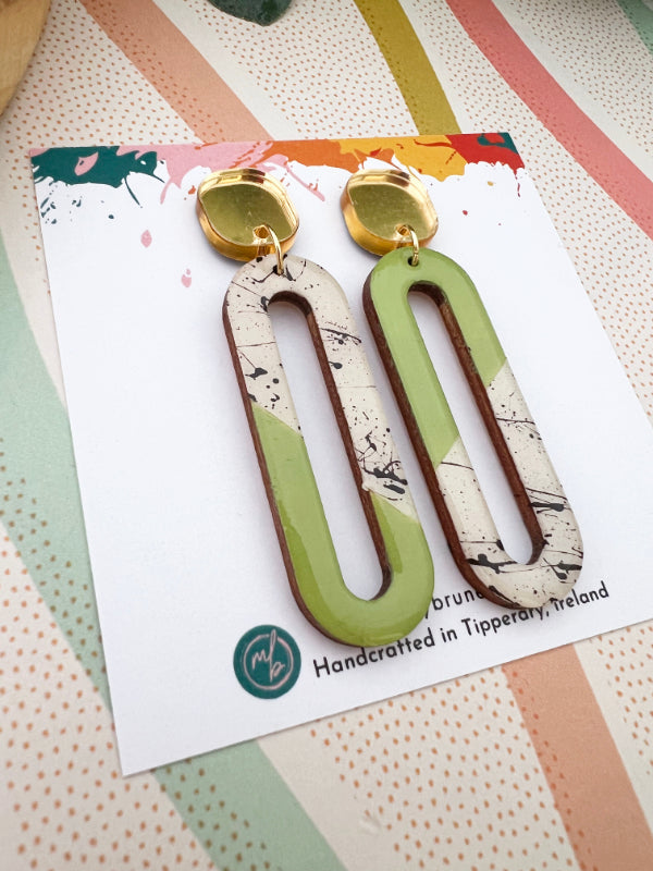 Long Oval Dangle Earrings in Coral, Green and Heather