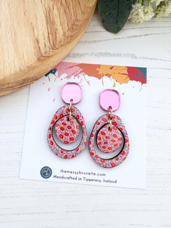 Red and Pink Layered Circle Flower Earrings