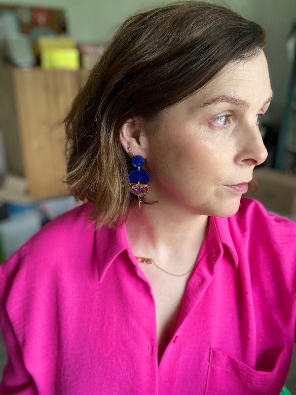 Load image into Gallery viewer, Disco Confetti Earrings in Pink, Blue and Gold
