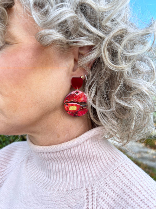 Alcohol Ink Earrings in Green and Red Inks