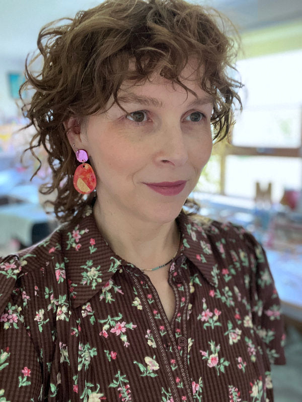Pink and Orange Abstract Ink Earrings 