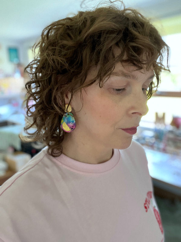 Multi Coloured Ink Drop Earrings on gold mirrored studs