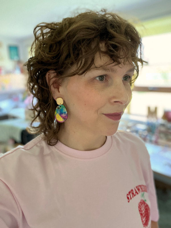Multi Coloured Ink Drop Earrings on gold mirrored studs