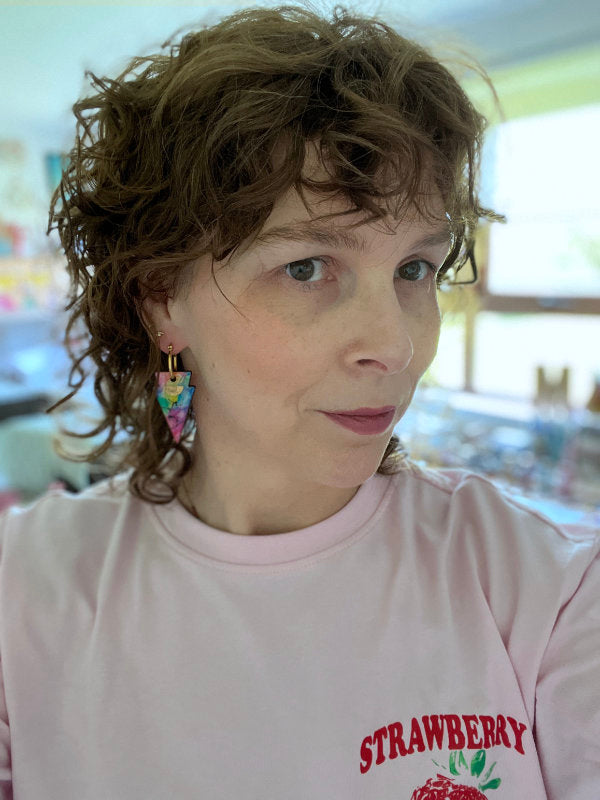 Multi Coloured Ink Drop Earrings on gold hoops