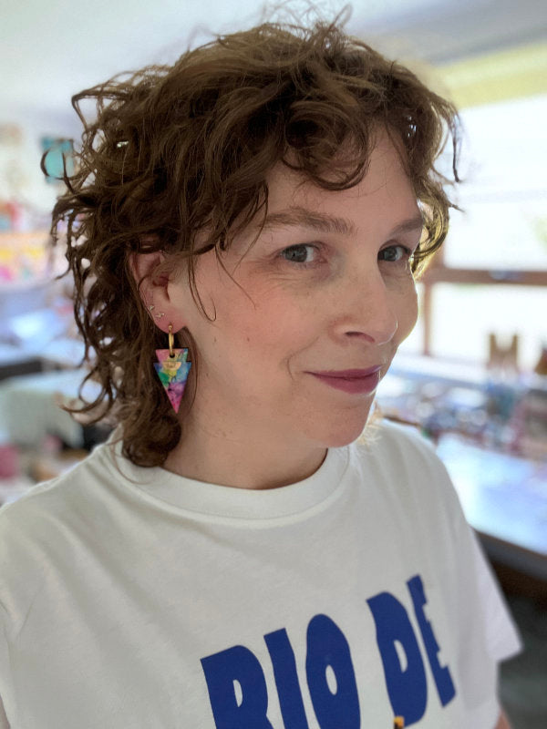 Multi Coloured Ink Drop Earrings on gold hoops