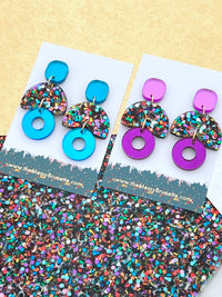 Party Multi Colour Glitter Earrings with blue and pink accents
