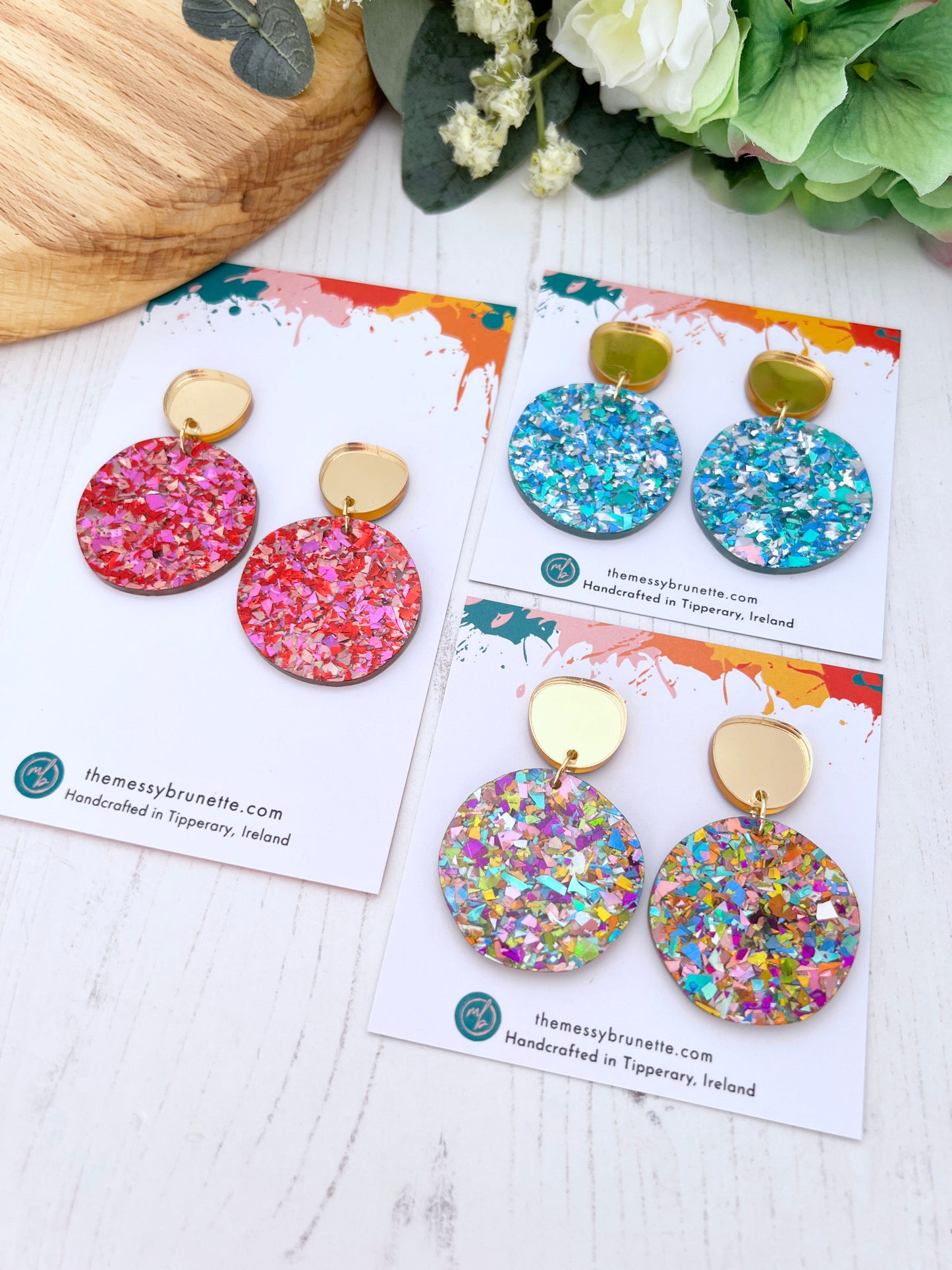 Sparkly disco dot earrings in 3 colours on 'The Messy Brunette' jewellery branding card