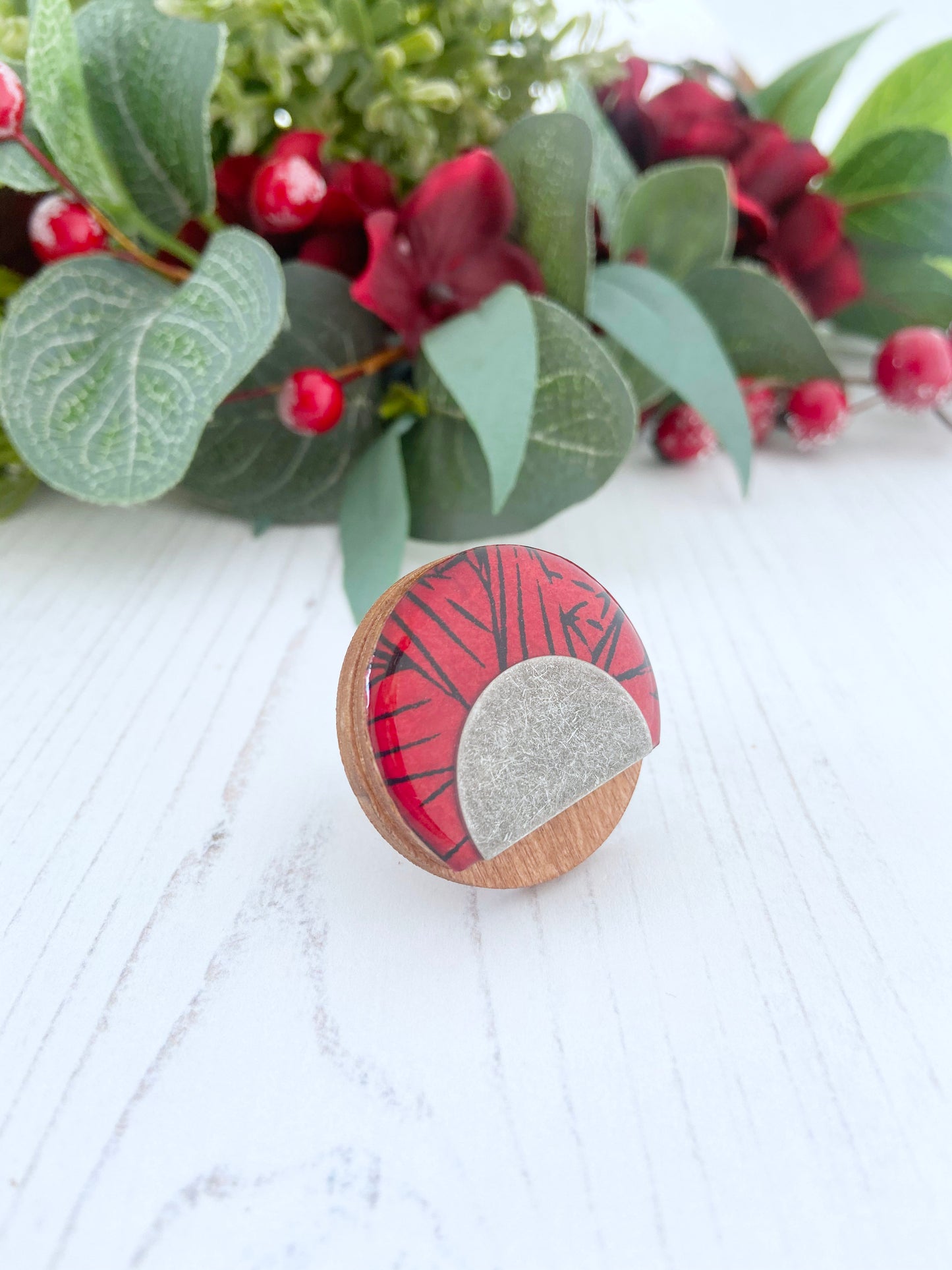 Red,silver and black cocktail ring