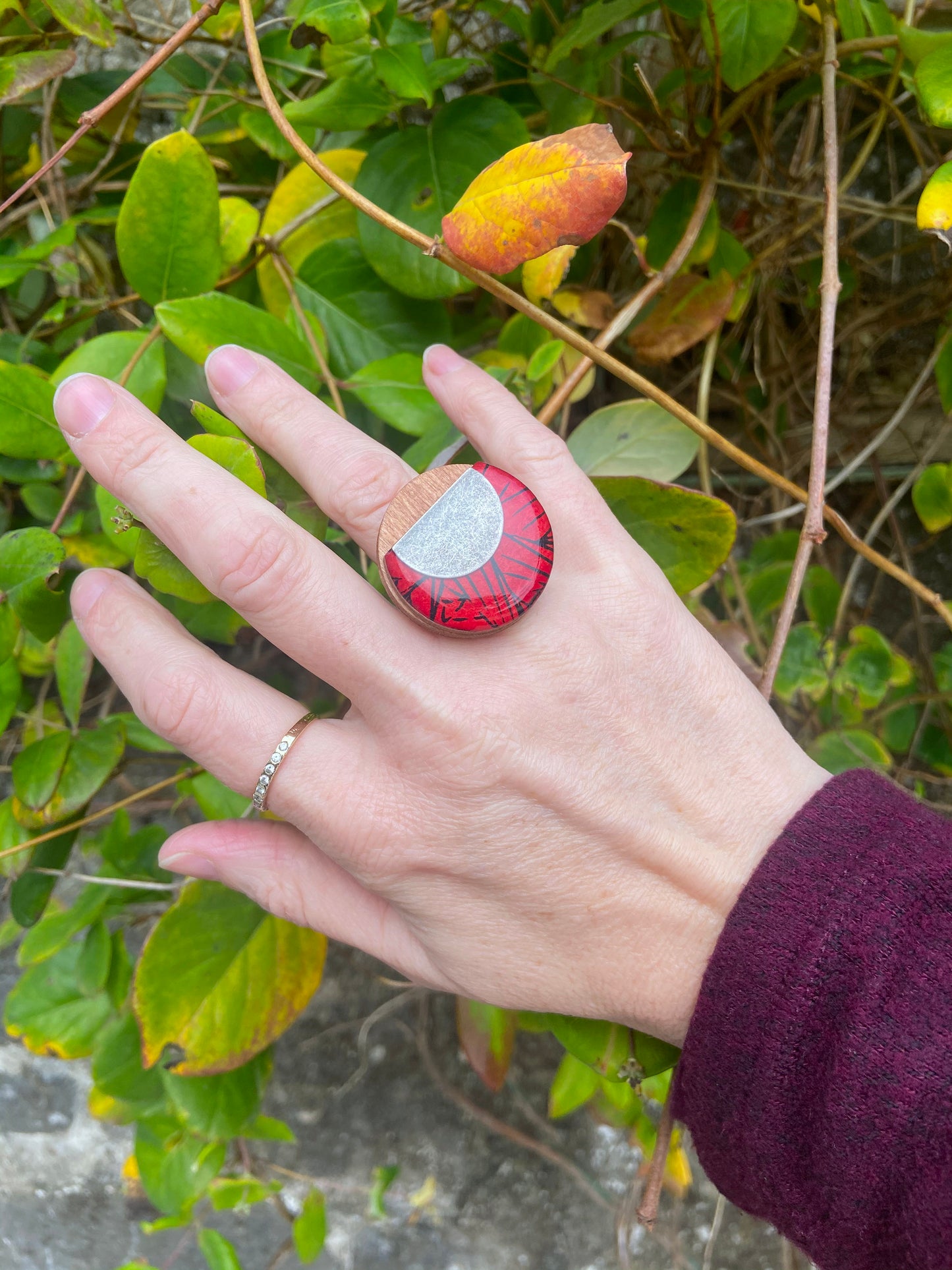 Hand wearing a red, black and silver ring against a natural background
