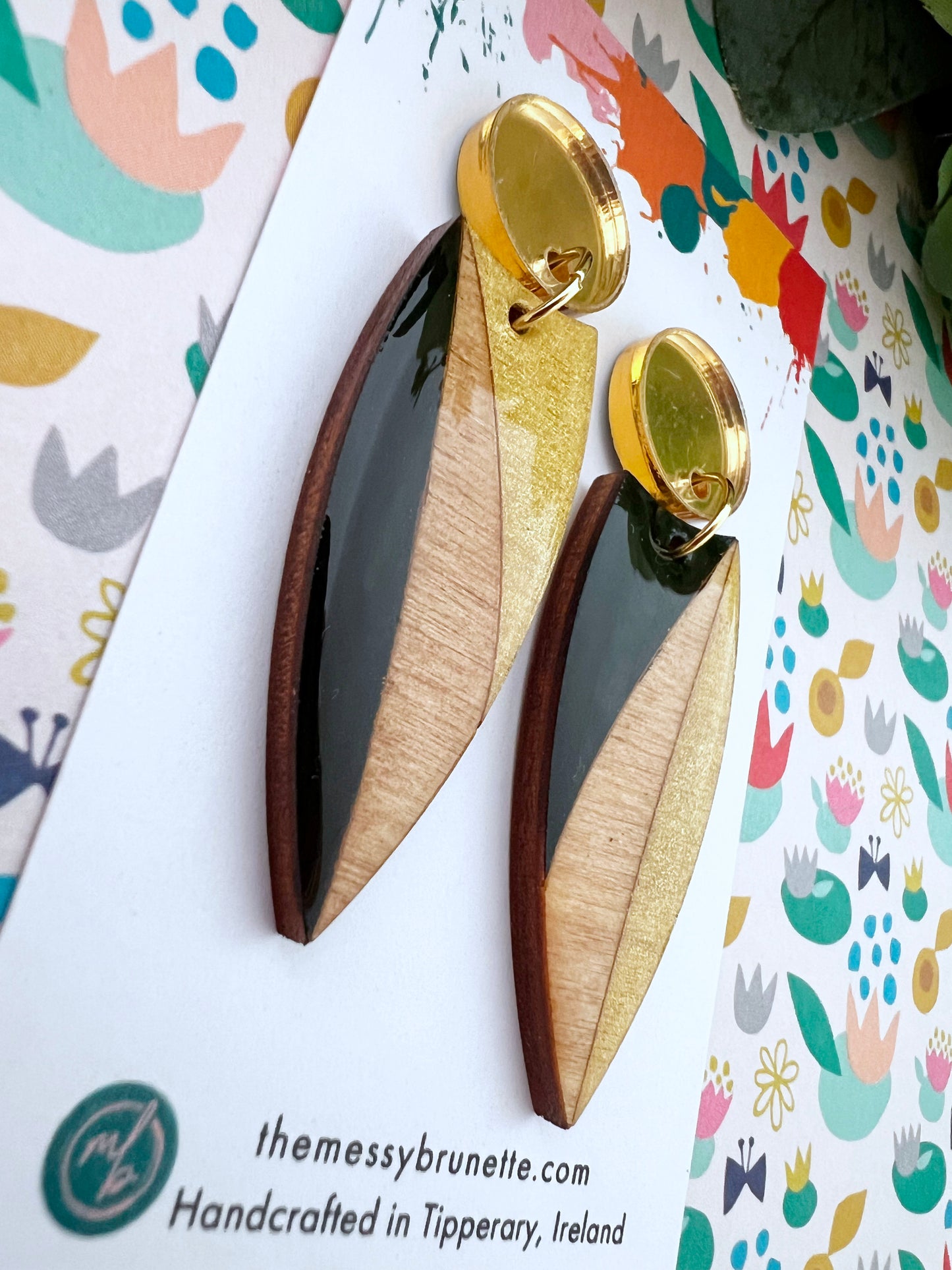 Black and gold painted wood earrings by the messy brunette jewellery brand ireland