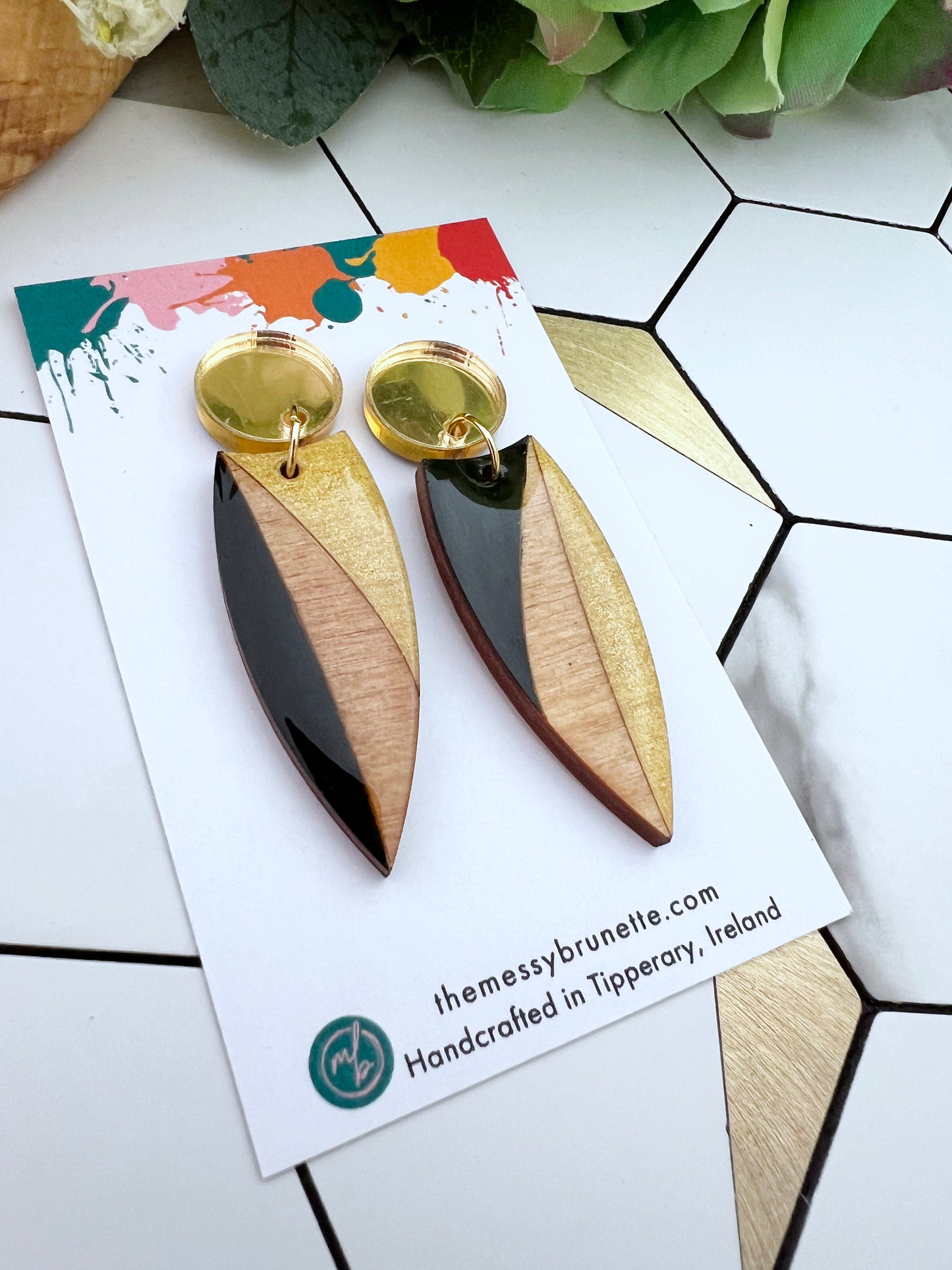 Black and gold hand painted wood earrings-the messy brunette jewellery
