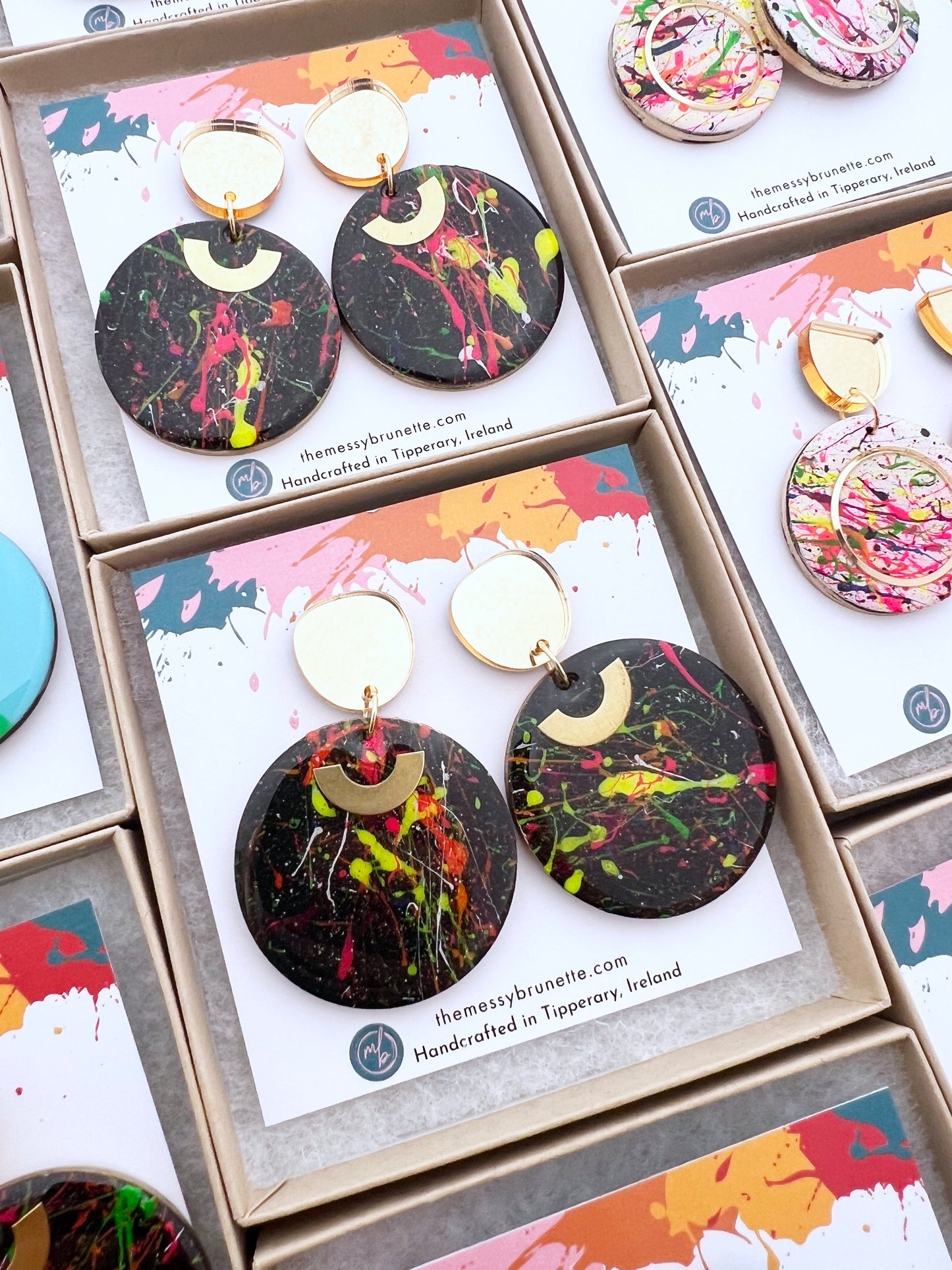 Black paint splatter circle wood earrings