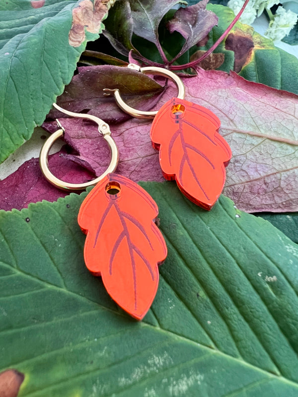 Leaf Hoop Earrings in Green, Red and Orange