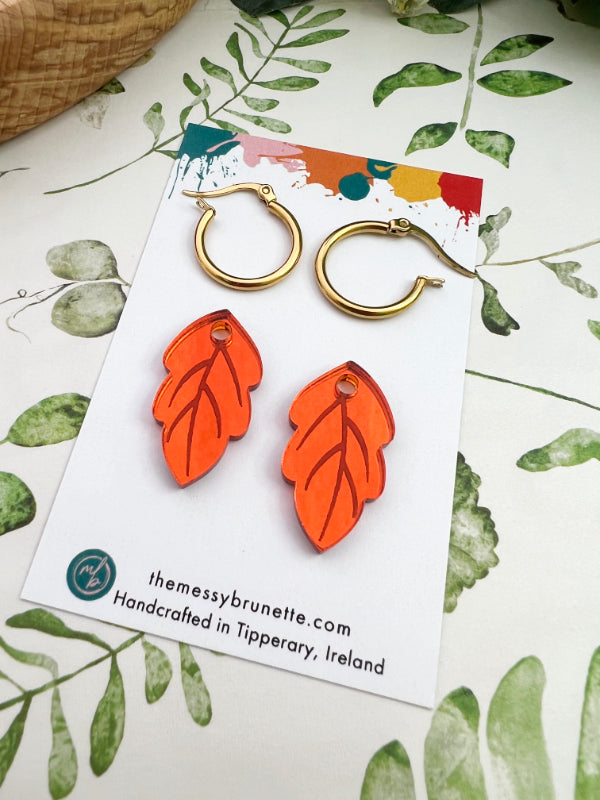 Load image into Gallery viewer, Leaf Hoop Earrings in Green, Red and Orange
