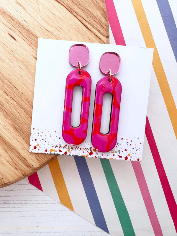Colour Clash Red & Pink Long Oval Earrings