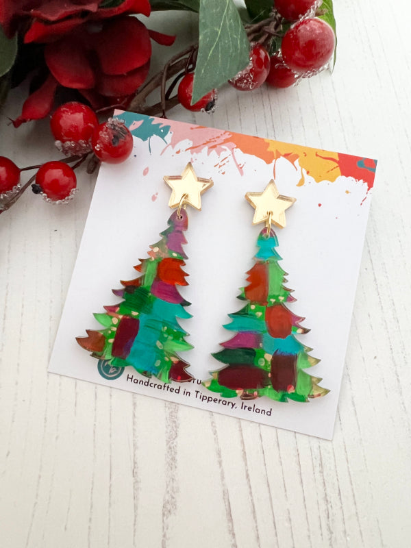 Abstract Hand Painted Christmas Tree Earring Drops