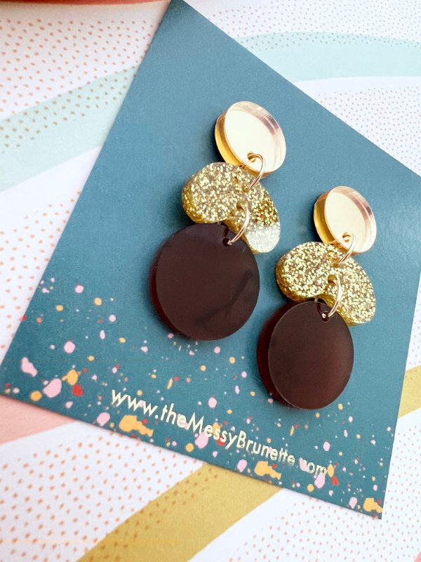 Tortoise Shell Brown and Gold Glitter Pebble Drop Earrings