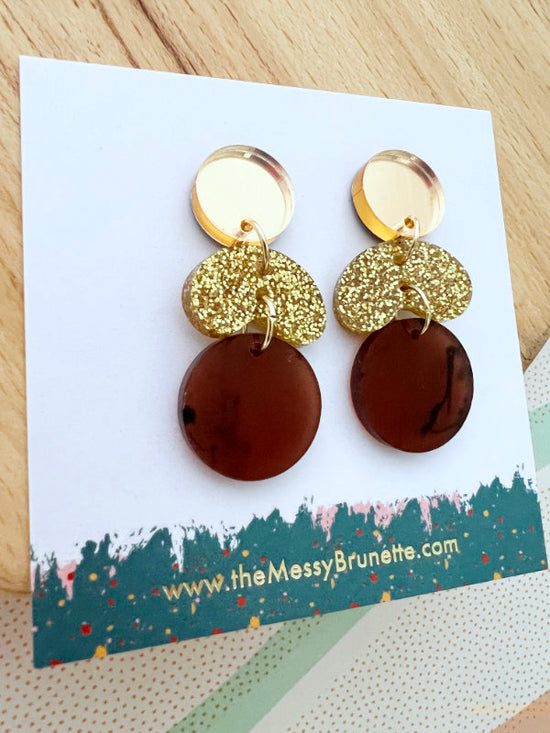 Tortoise Shell Brown and Gold Glitter Pebble Drop Earrings