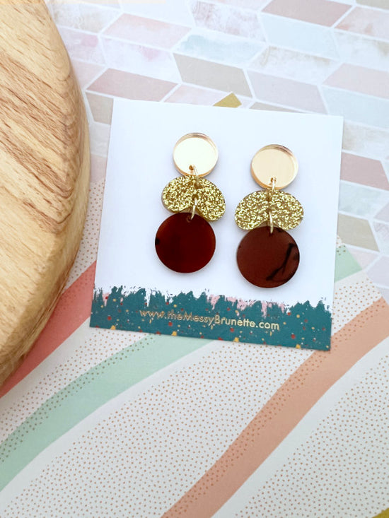 Tortoise Shell Brown and Gold Glitter Pebble Drop Earrings