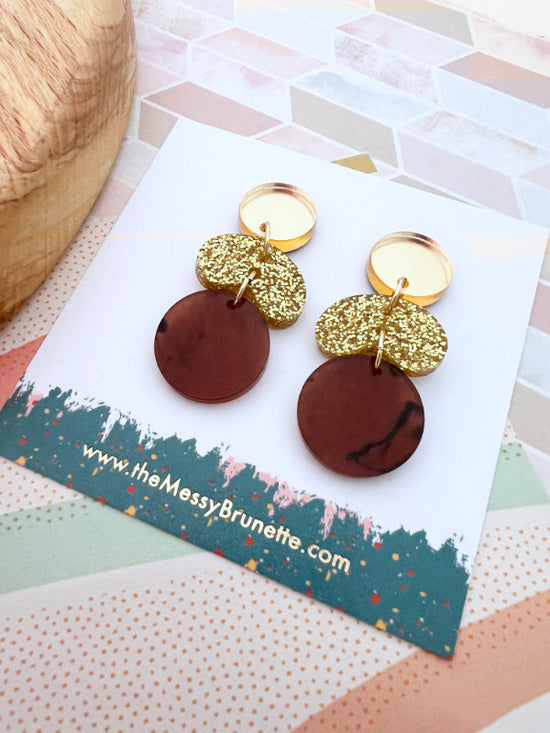 Tortoise Shell Brown and Gold Glitter Pebble Drop Earrings