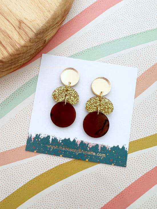 Tortoise Shell Brown and Gold Glitter Pebble Drop Earrings