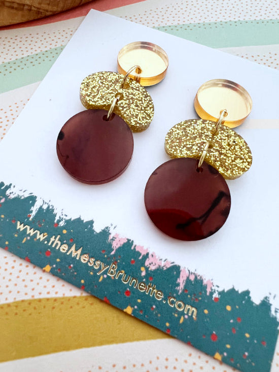 Tortoise Shell Brown and Gold Glitter Pebble Drop Earrings