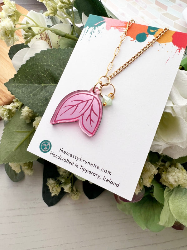 Leaf Necklace in Green & Pink