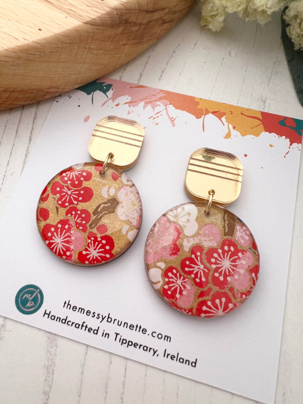 Pink Red and Gold Floral Earrings