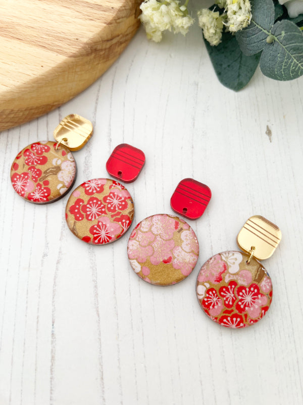 Pink Red and Gold Floral Earrings
