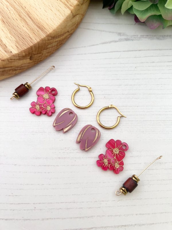 Load image into Gallery viewer, Floral Charm Hoops in Pink &amp;amp; Gold THe Messy Brunette
