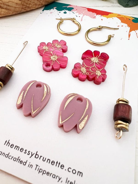 Load image into Gallery viewer, Floral Charm Hoops in Pink &amp;amp; Gold THe Messy Brunette
