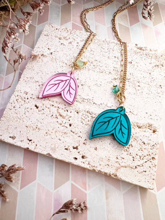 Leaf Necklace in Green & Pink