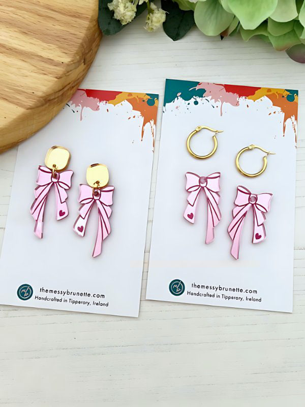 Pink Ribbon Earrings with Studs or Hoops