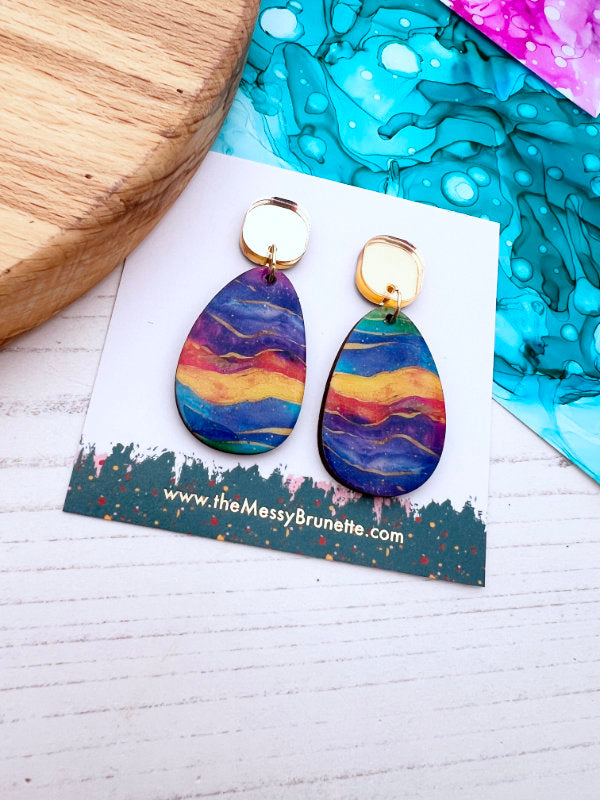 Colourful Alcohol Ink Wave Earring Drops