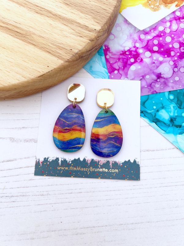 Colourful Alcohol Ink Wave Earring Drops