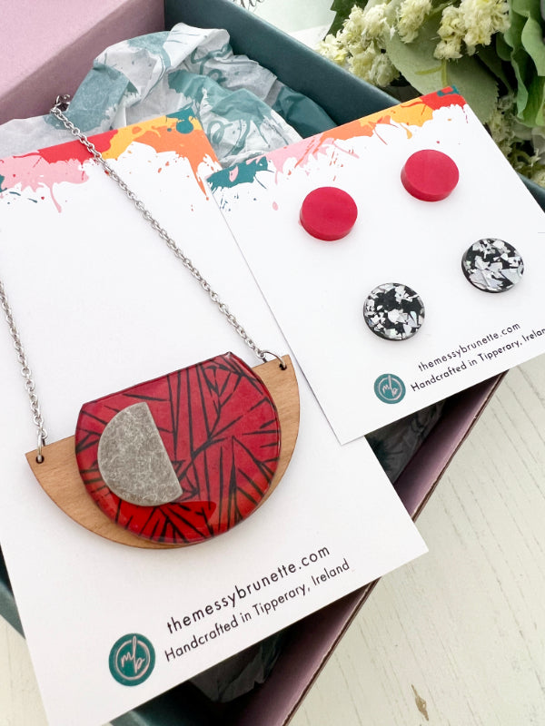 Geometric Red & Black Necklace with Studs Gift Set