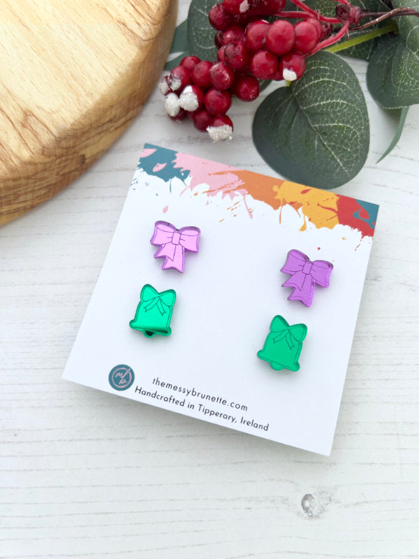 Christmas Bell and Christmas Ribbon Stud Earring Pack