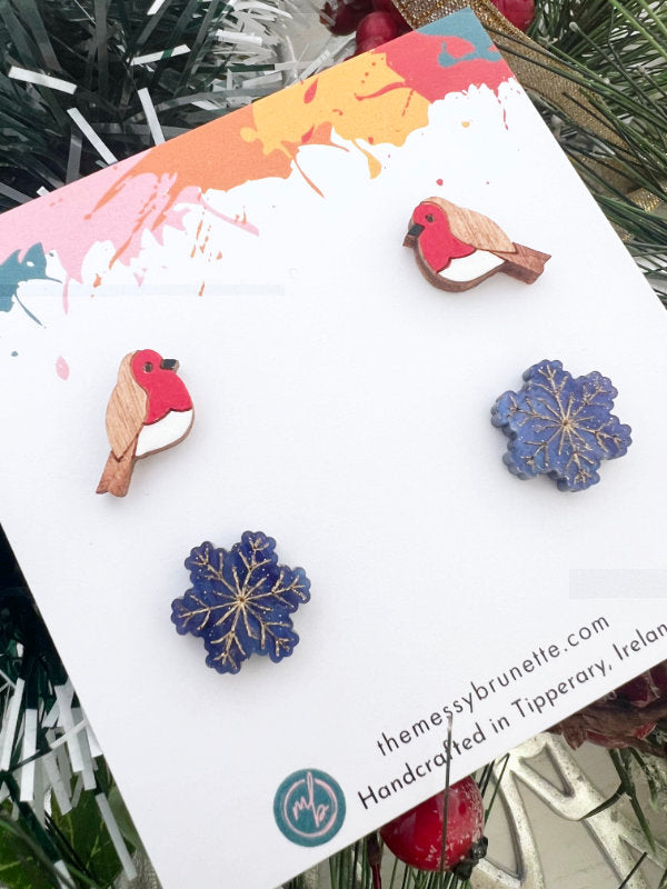 Christmas Robin and Snowflake Stud Earring Pack